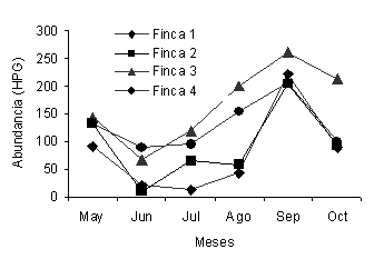 Figura 2. Cargas parasitarias promedio (HPG promedio) o abundancia de infección por estróngilos digestivos por finca (mayo-octubre 2002).